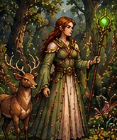 A druid with a staff beside a stag