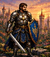 A knight in plate armour with sword and shield